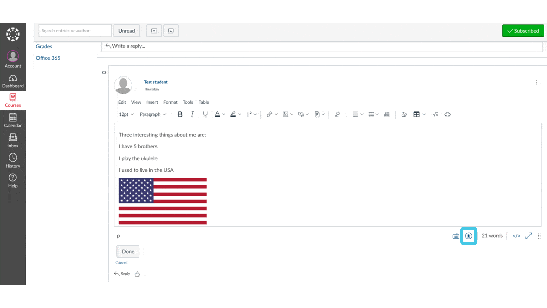 Accessibility Checker button highlighted on Rich Content Editor from a Student View