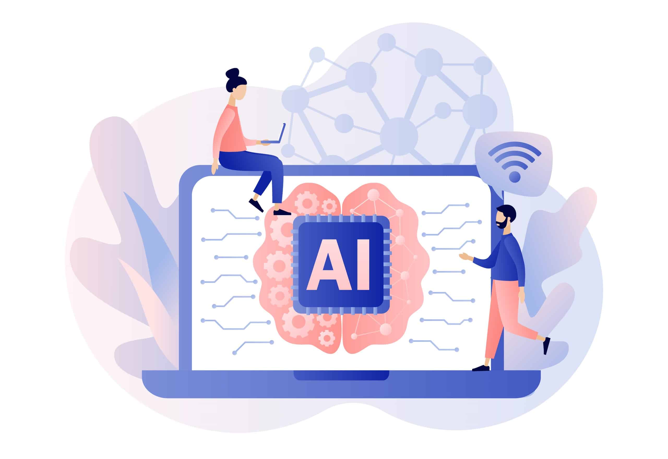 Illustration of a large laptop containing the letters AI on the backdrop of a brain, with a small woman and man on top of the laptop