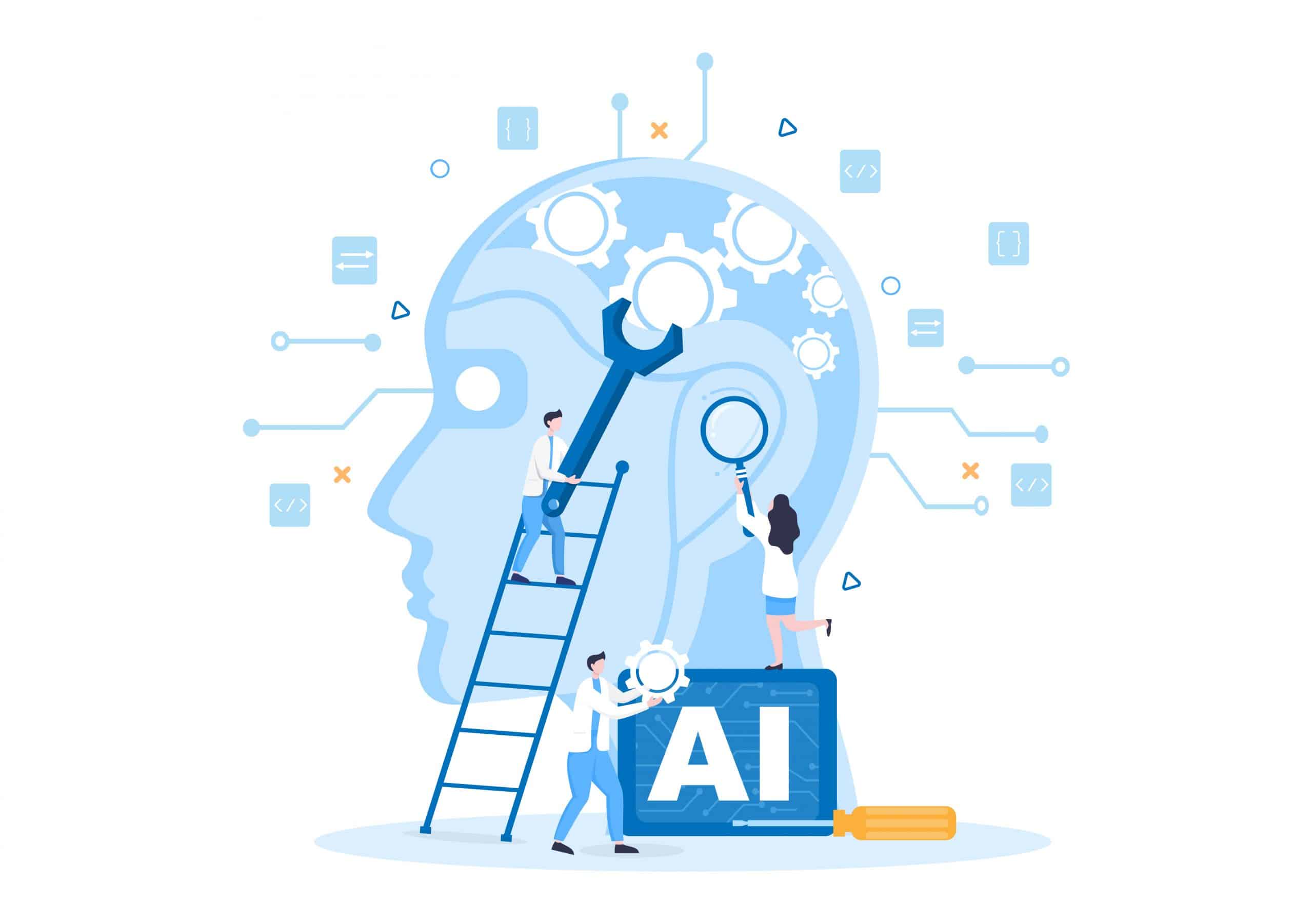 Illustration of a large robot brain with three small people working on it, with the letters AI underneath