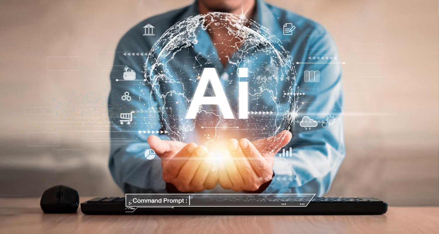 Man using AI technology, holding the letters AI in his hands