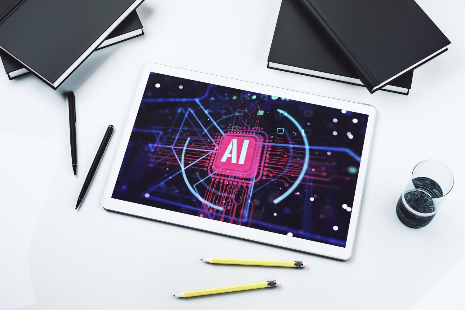 Top view of digital tablet screen with creative artificial Intelligence abbreviation Future technology and AI concept 3D Rendering