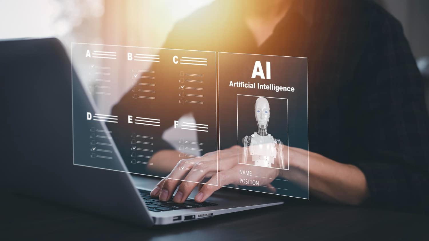 Male working on virtual screen AI artificial intelligence on laptop with technology icons and binary code big data coding Ai bot digital
