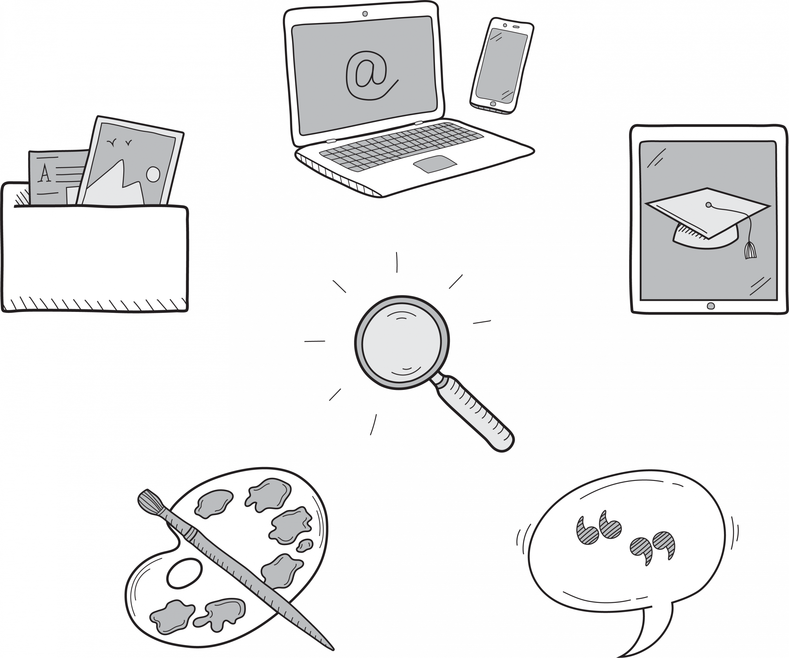 Laptop, tablet, speech bubble, easel and paint, folder and magnifying glass icons