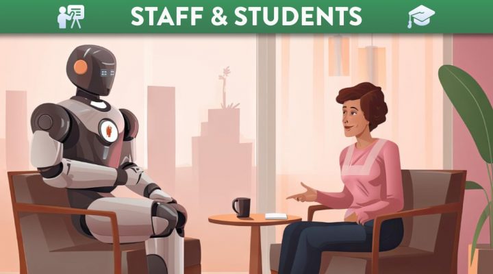 Woman interviewing a robot on armchairs