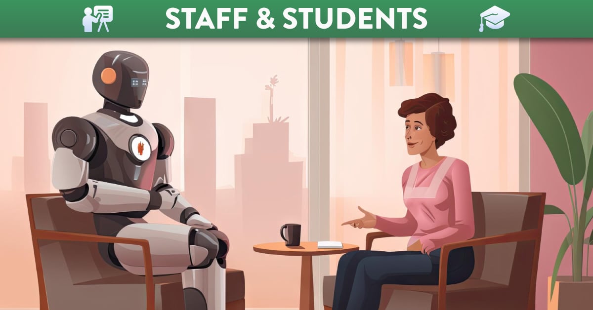 Woman interviewing a robot on armchairs