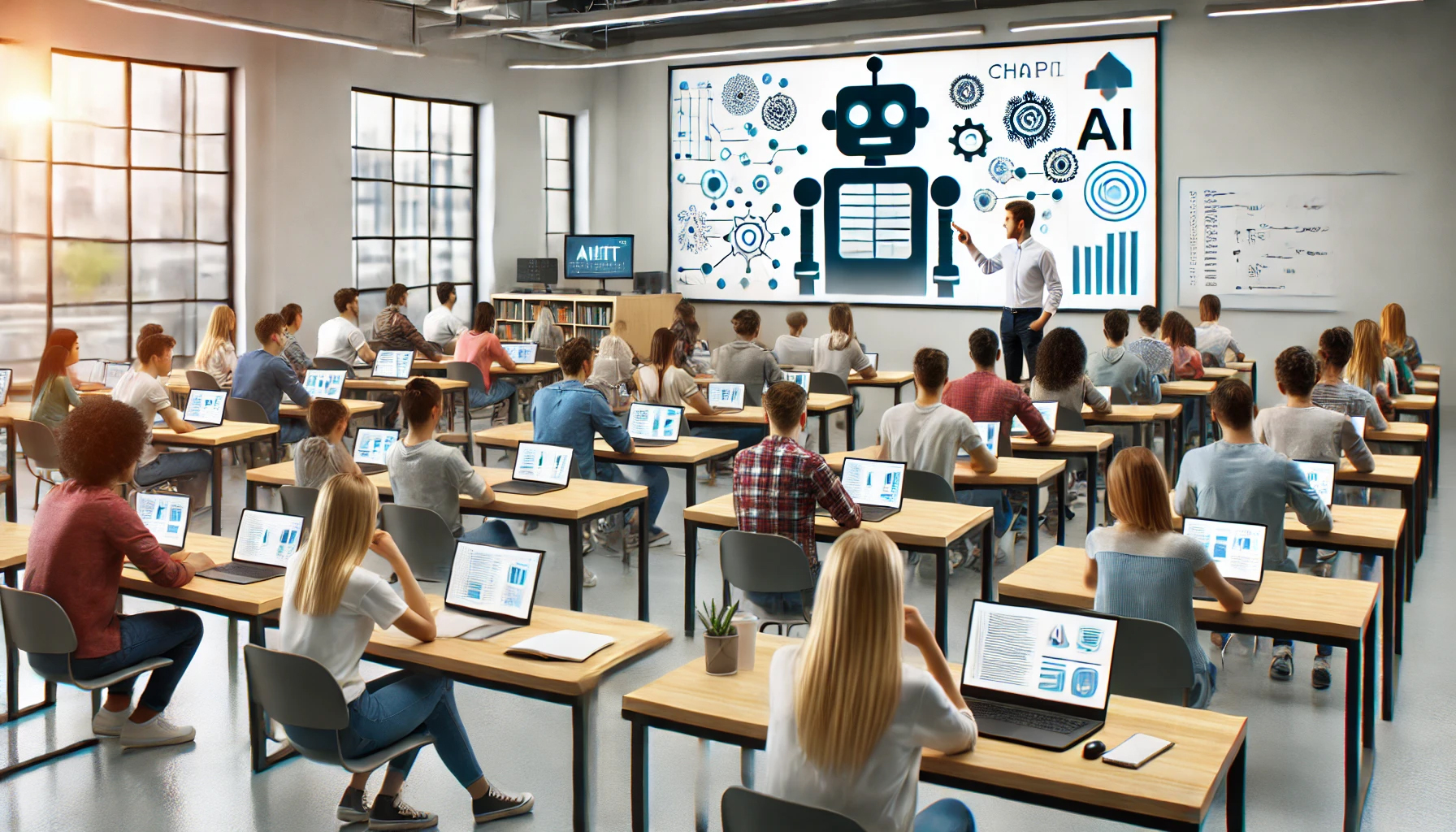 AI generated image: A modern university classroom with students sitting at desks using laptops. A professor stands at the front, pointing to a large screen displaying AI tools like ChatGPT. The classroom has a mix of students attentively listening, taking notes, and interacting with the professor. The atmosphere is collaborative and technologically advanced, highlighting the incorporation of AI in education.